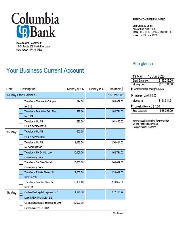Modèle Word et PDF de relevé de compte d'entreprise de la Columbia Bank